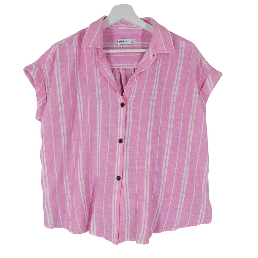 Sonoma Linen Blend Boxy Button Down Shirt Sz Small Pink White Stripe